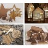 Collage de décorations de Noël en carton ondulé : étoiles, sapins, maisons lumineuses et anges artisanaux